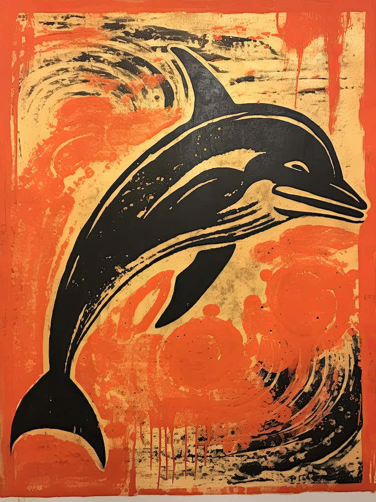 Dolphin, Woodblock Animal  Drawing 2