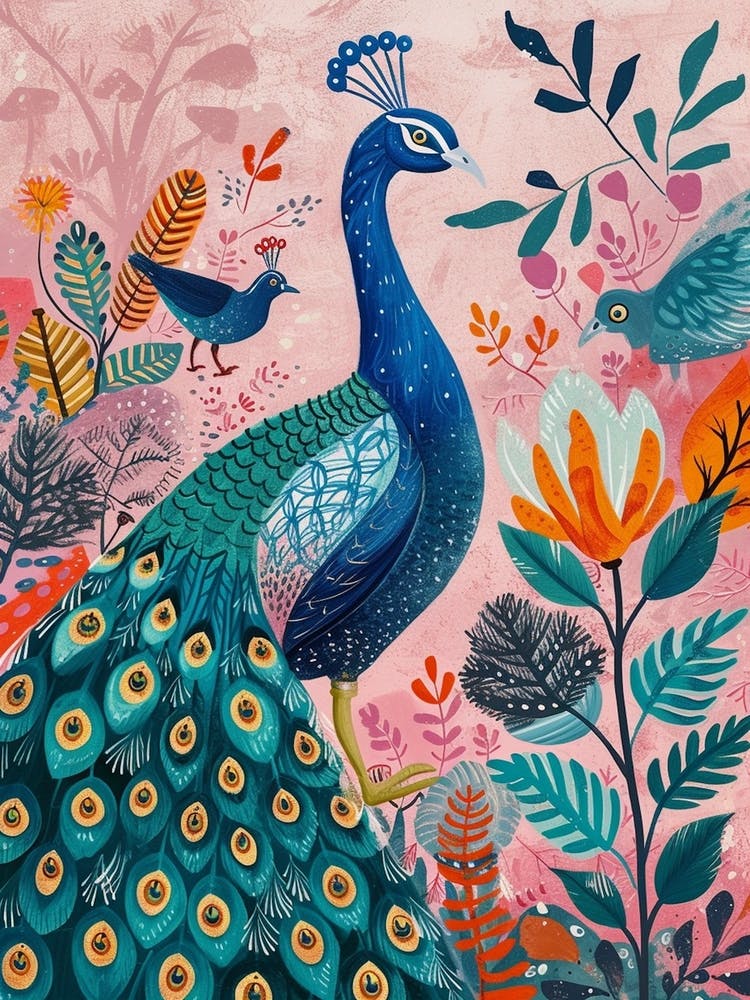 Folky Floral Peacock With Other Birds