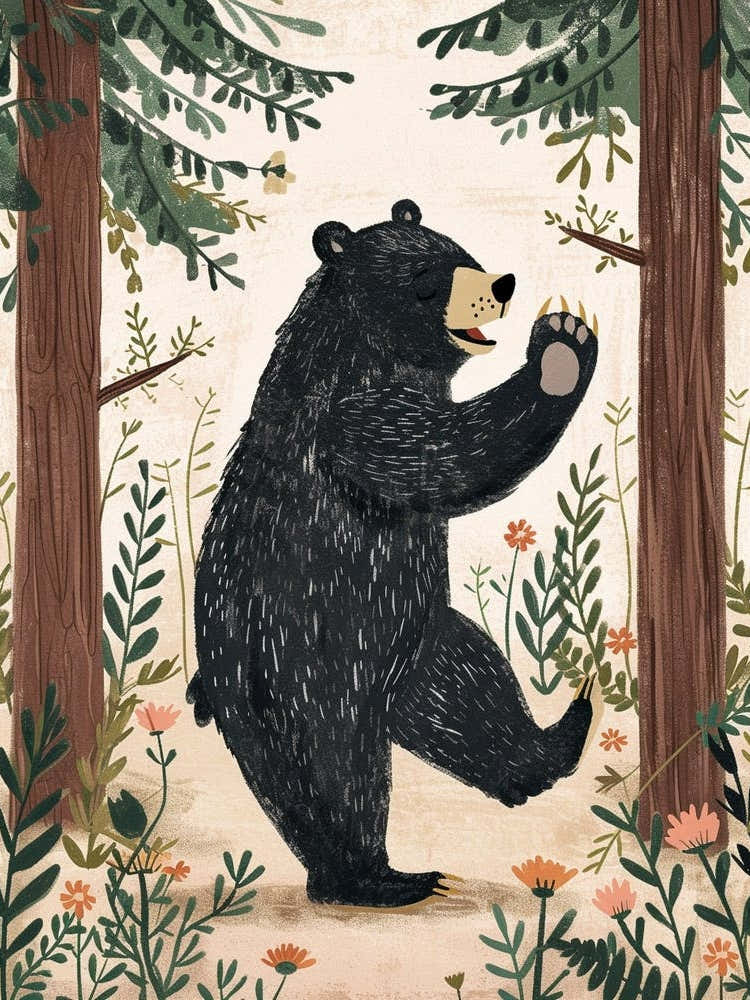 American Black Bear Dancing In The Woods Storybook Illustration 3