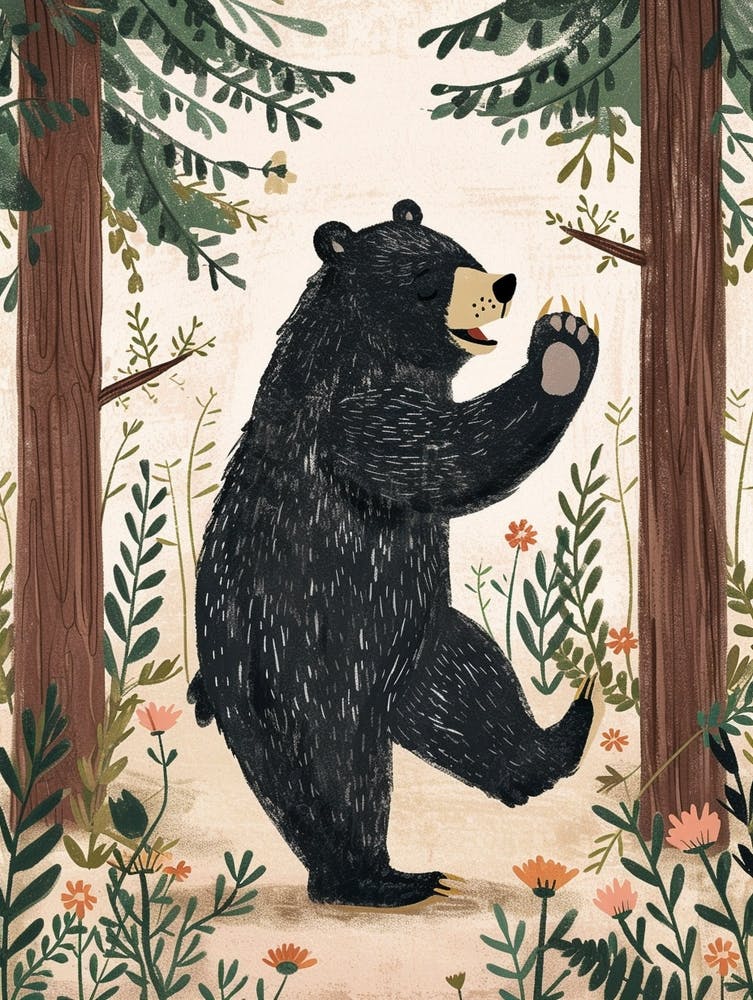 American Black Bear Dancing In The Woods Storybook Illustration 3