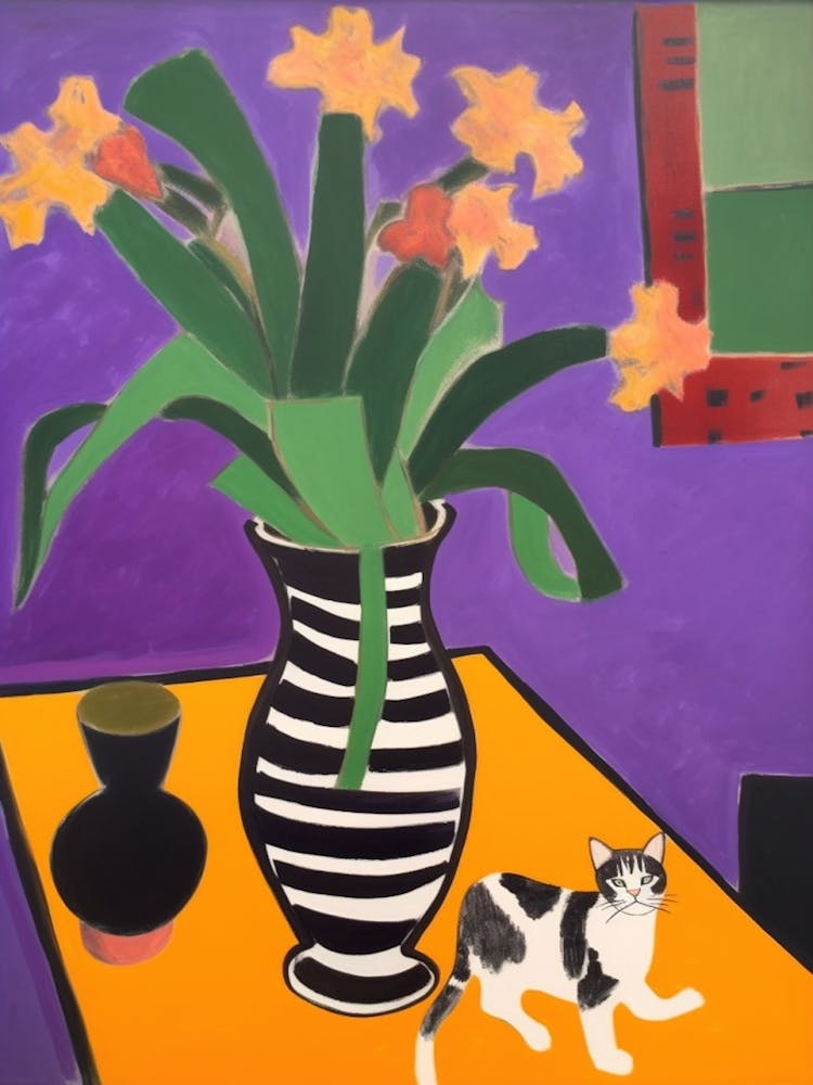 A Painting Of A Still Life Of A Crocus With A Cat In The Style Of Matisse 4