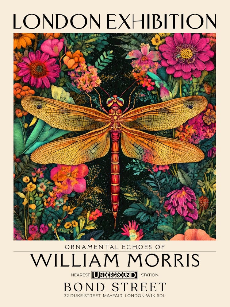 William Morris Dragonfly and floral artwork vibrant colors, insect and flower pattern Botanical vintage print, maximalist wall art living room boho decor, Floral tapestry Victorian style vintage decor 12