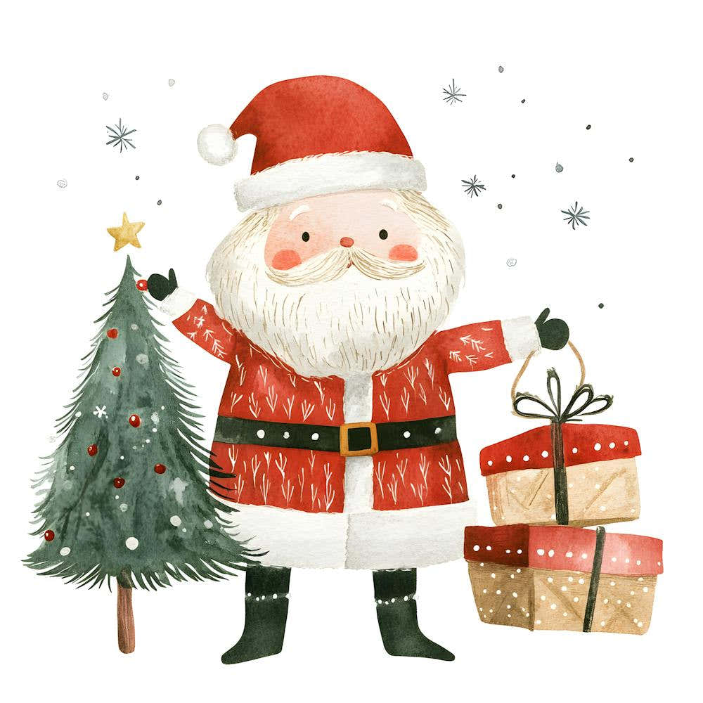 Festive Santa Claus And Christmas Tree – Cozy Holiday Decor Print