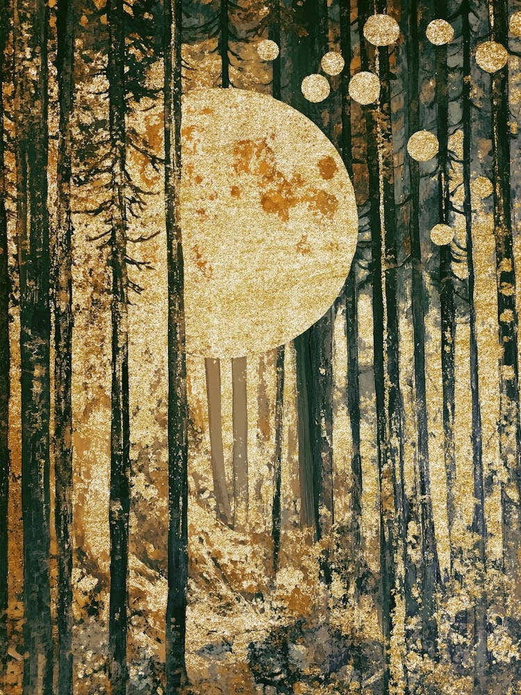 Gustav Klimt Style Night Forest Art With Moon And Trees – Abstract Nightscape Woodland Gold Leaf Texture Mixed Media Artwork, Surreal Nature Wall Art for Modern Living Room, Boho Bedroom, Office Decor