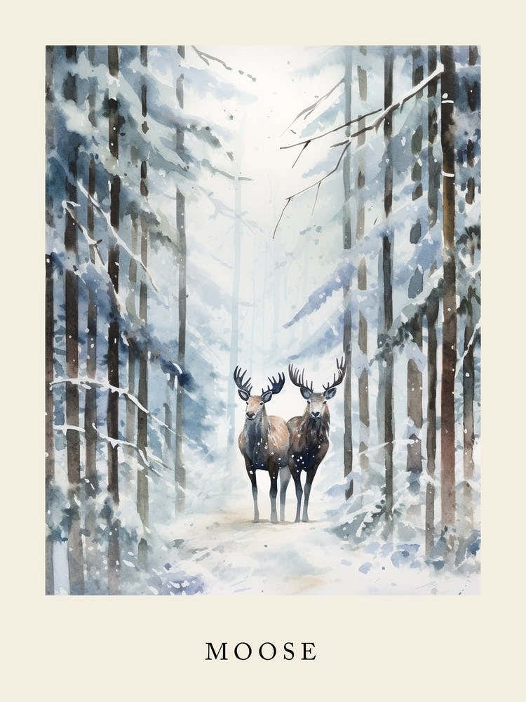 Winter Watercolour Moose 3 Poster