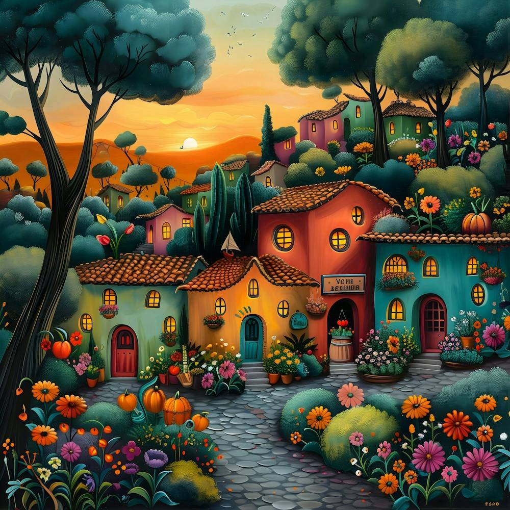 Village At Sunset, Naive, Whimsical, Folk 1