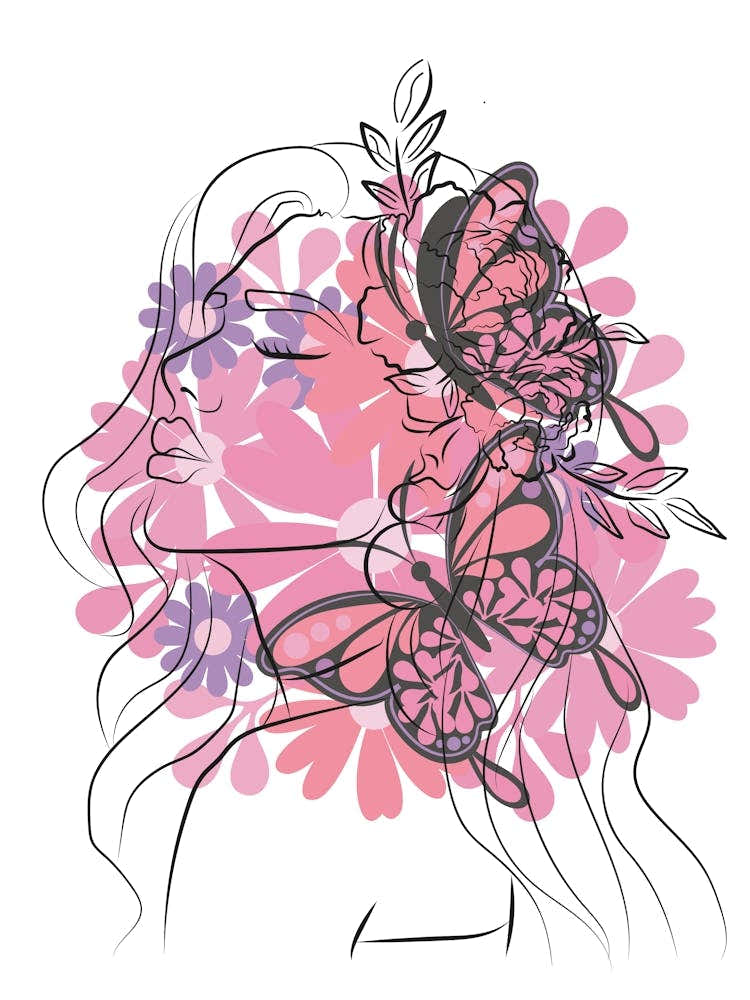 Floral Women Head Art With Butterfly