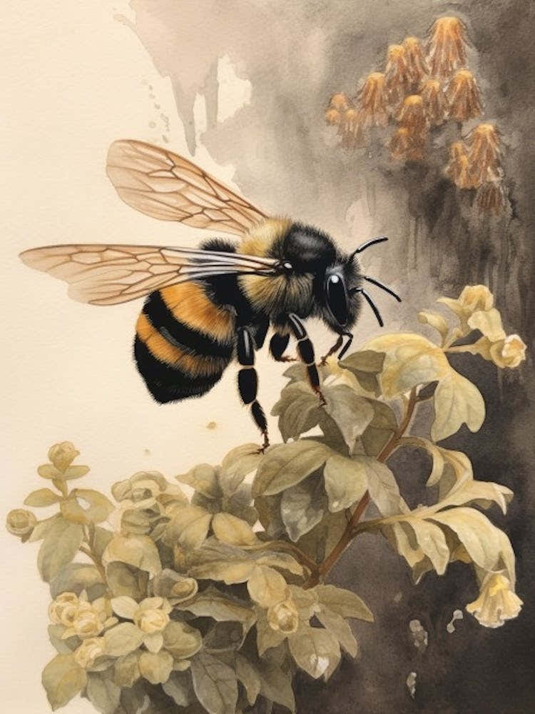 Black And Gold Bumble Bee Beehive Watercolour Illustration 1