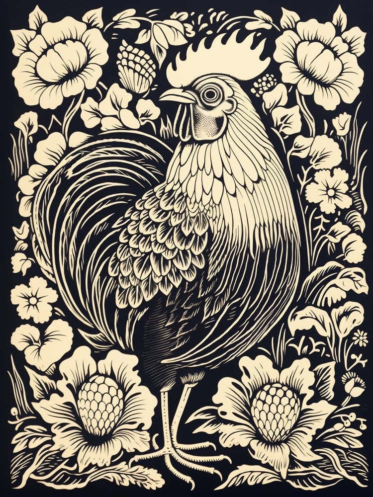 B&W Bird Linocut Rooster 2