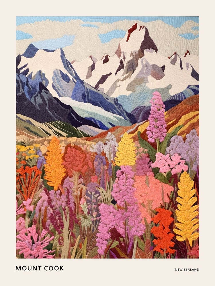 Mount Cook New Zealand 6 Colourful Mountain Illustration Poster
