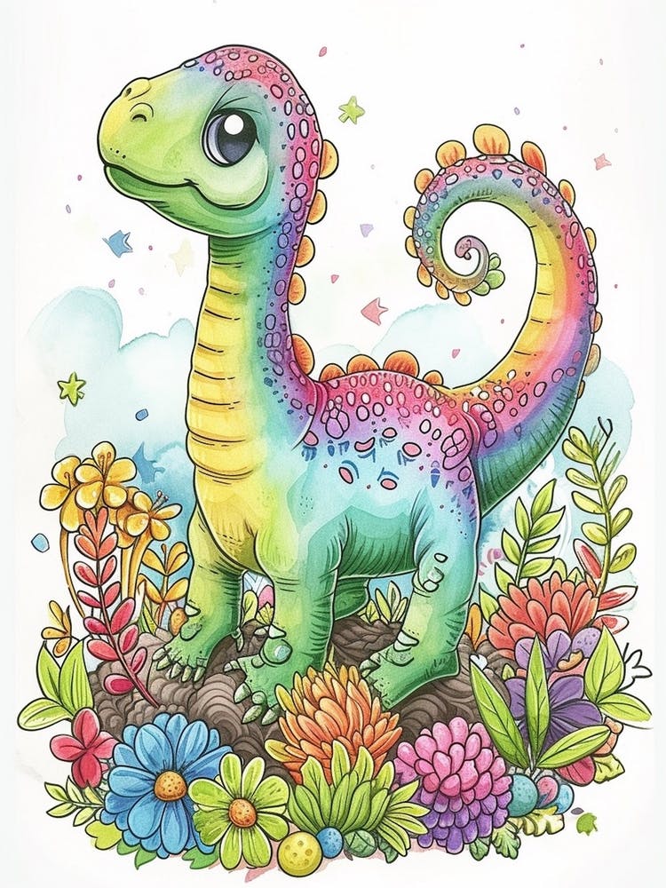 Cartoon Rainbow Iguanodon Dinosaur