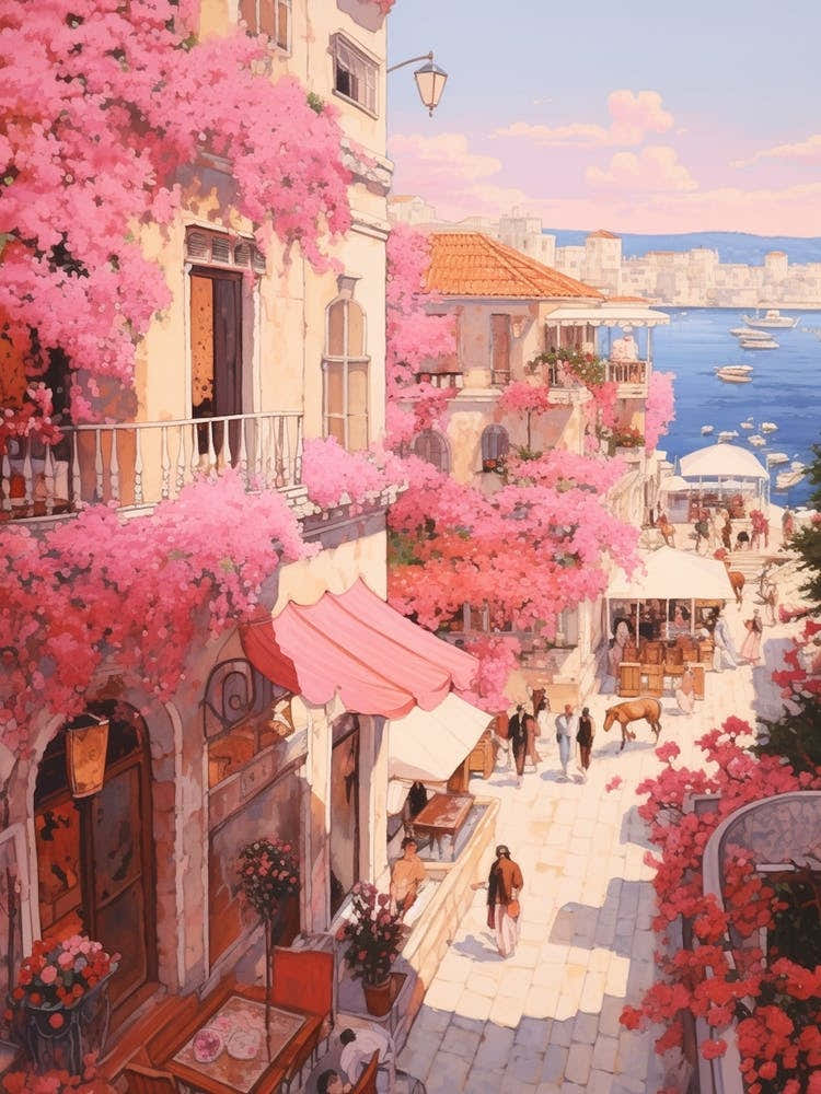 Kusadasi Turkey 4 Vintage Pink Travel Illustration