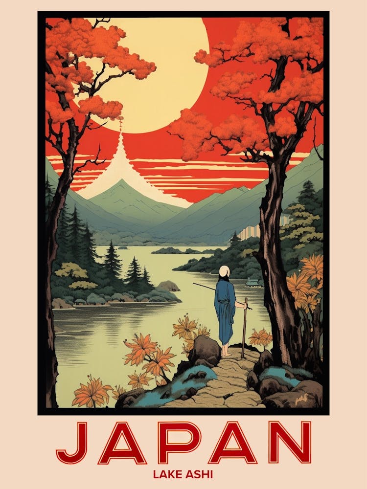 Lake Ashi, Visit Japan Vintage Travel Art 1