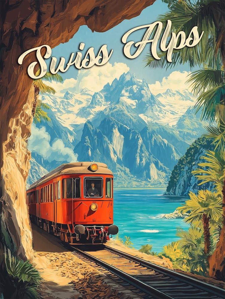 Red Steam Locomotive Souvenir: Vintage Swiss Alps Poster