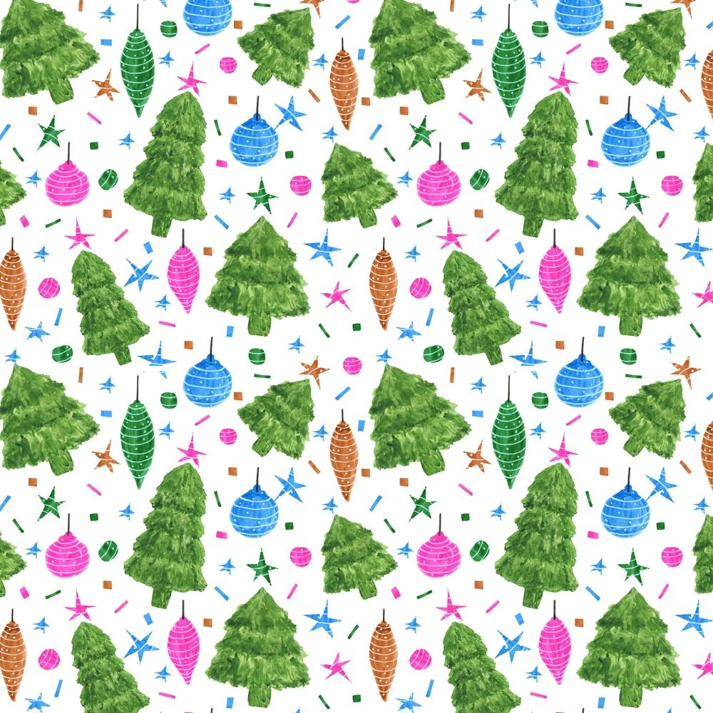 Christmas Trees And Bulbs Pink Blue Green