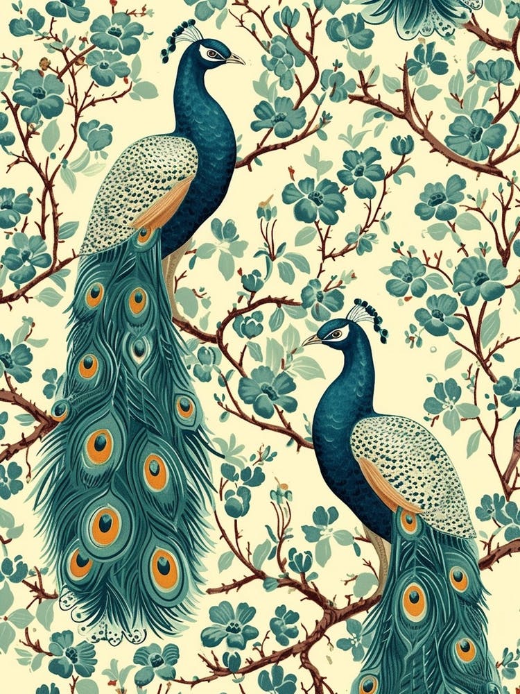 Floral Turquoise Peacock Wallpaper