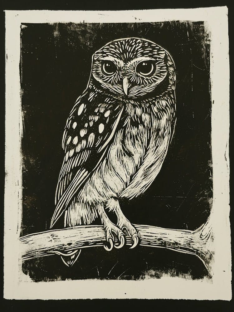 Northern Pygmy Owl Linocut Blockprint 1