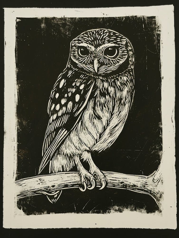Northern Pygmy Owl Linocut Blockprint 1