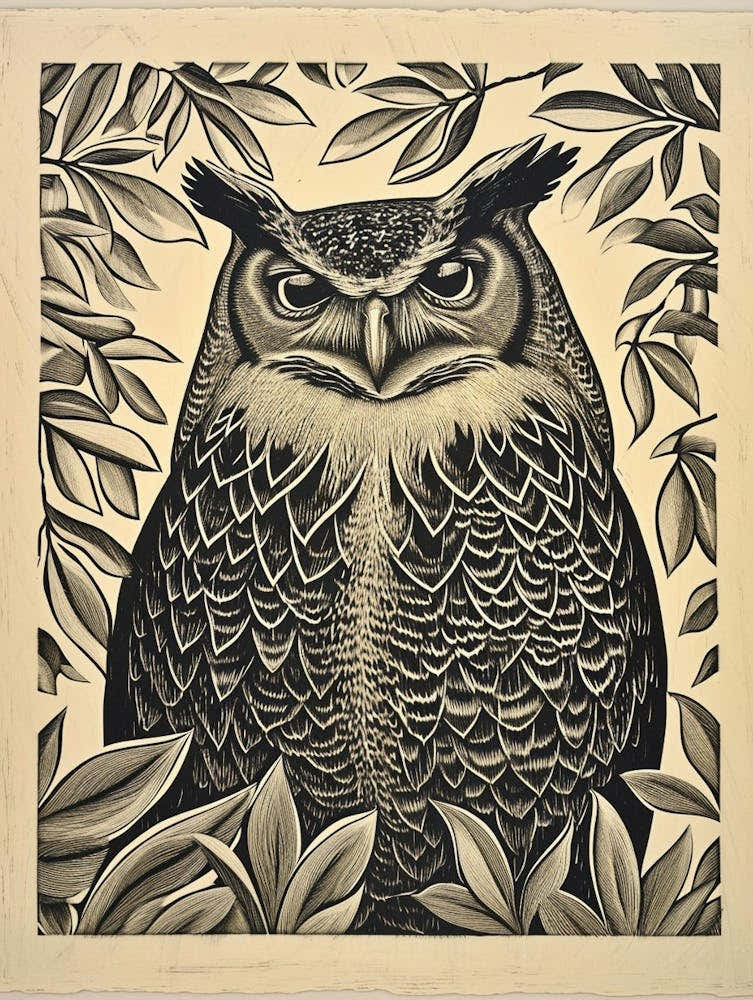 Verreauxs Eagle Owl Linocut Blockprint 2