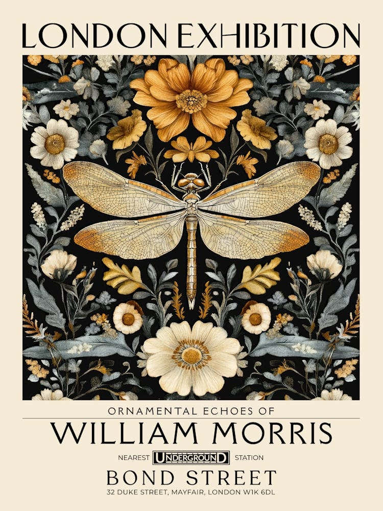 William Morris Dragonfly and floral artwork in Warm earth tones, insect and flower pattern dark academia library Botanical vintage print, living room vintage decor Floral tapestry Victorian nature art 19