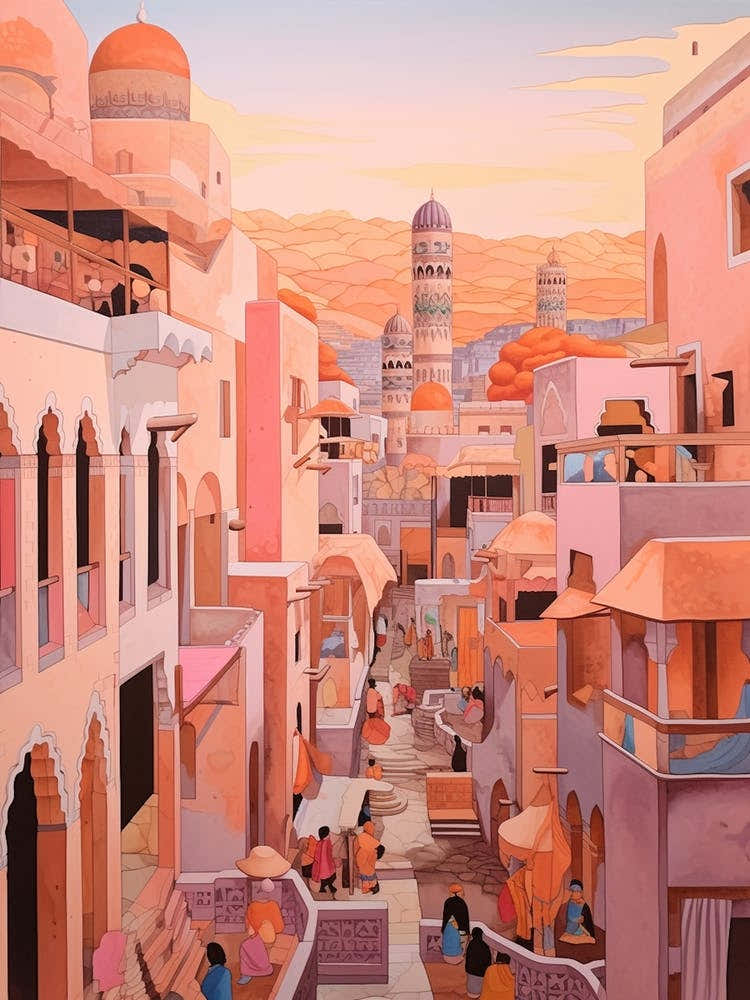 Marrakech Morocco 2 Vintage Pink Travel Illustration