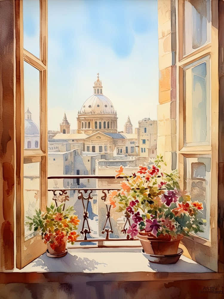 Window View Of Valletta Malta In Autumn Fall, Watercolour 3