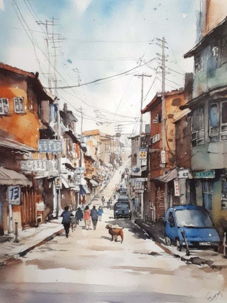 Painting Of Seoul South Korea In The Style Of Watercolour 3
