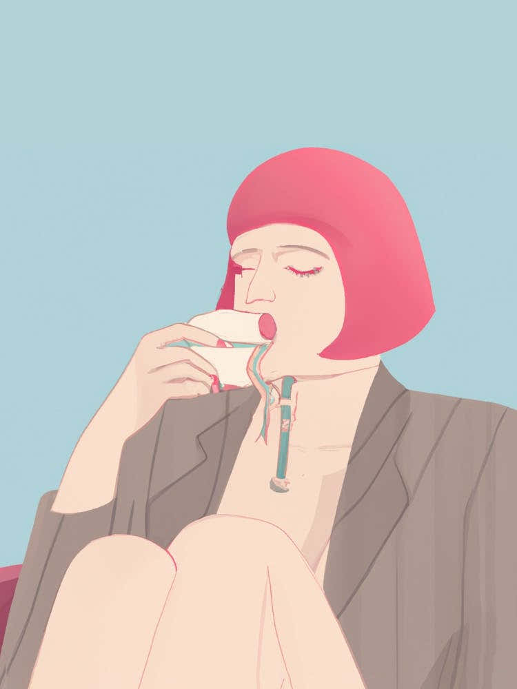 Woman Relaxed Drinking Coffee Pink Hair