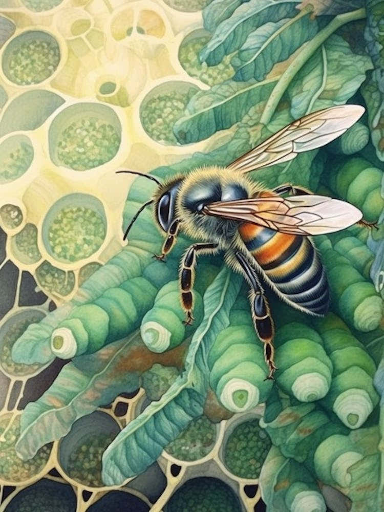 Metallic Green Sweat Bee Beehive Watercolour Illustration 2
