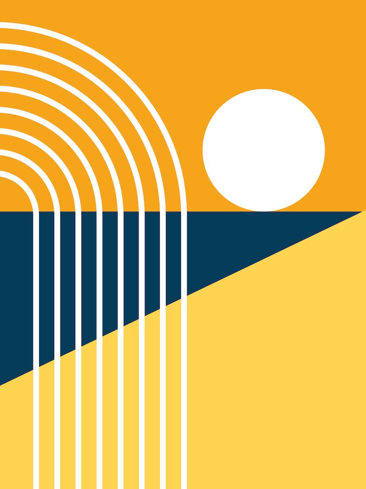 Sun Rise Over The Ocean, Rainbow, Beach Abstract in Mustard Yellow Navy Blue