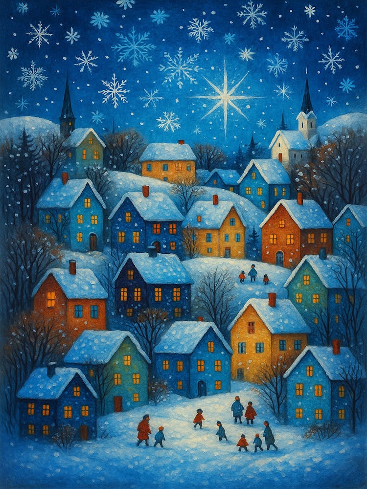 Magical Christmas Village Printable Art – Cozy Winter Night Scene with Snow and Stars