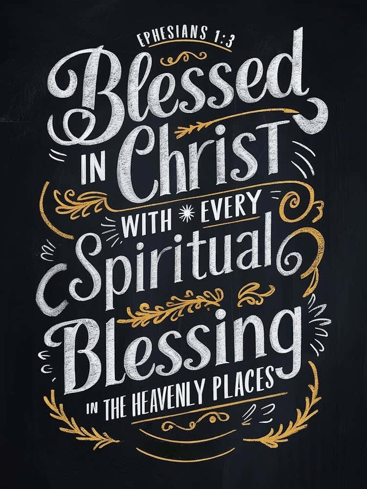 Bible Verse, Ephesians 1:3, Blessed in Christ with every spiritual blessing in the heavenly places, Chalkboard drawing, Christian Art