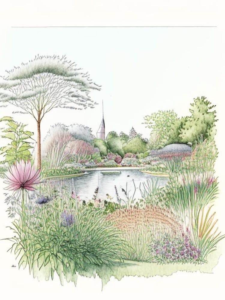 Chicago Botanic Garden, Usa Vintage Pencil Drawing