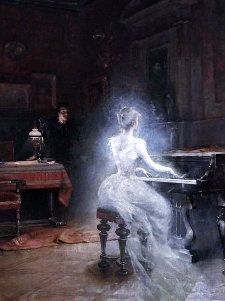 Spirit at the Piano 1885 by George Roux - A Ghostly Apparition Victorian Spectral Art For Gallery or Feature Wall Decor Iconic Famous Oil Painting of Gentleman and Lady in Stately Home HD Remastered High Resolution