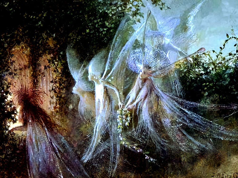"Fairy Passage" 1865 - Fairies Looking Through a Gothic Window by British 'Dark Fairytale' Painter John Anster Fitzgerald (1819-1906) Fairies Glen Fairycore Antique Ancient Vintage Fairycore Witchcore Sprite Famous Beautiful Remastered High Definition