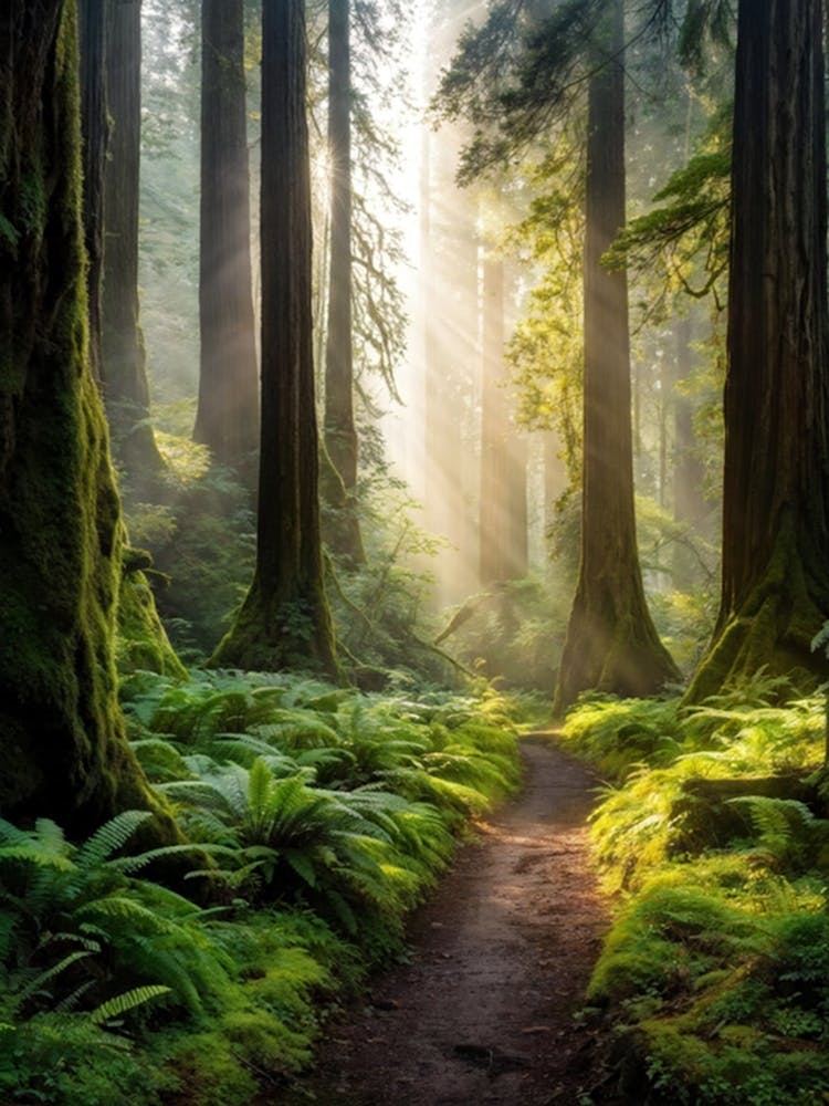 Early Morning Sunlight Piercing The Dense Canopy Of An Ancient Forest Casting A Dappled Light On Th