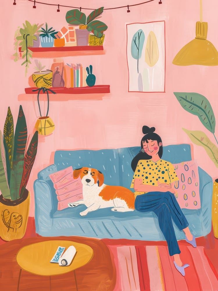 Girl In The Sofa With Pets Tv Lo Fi Kawaii Illustration 6