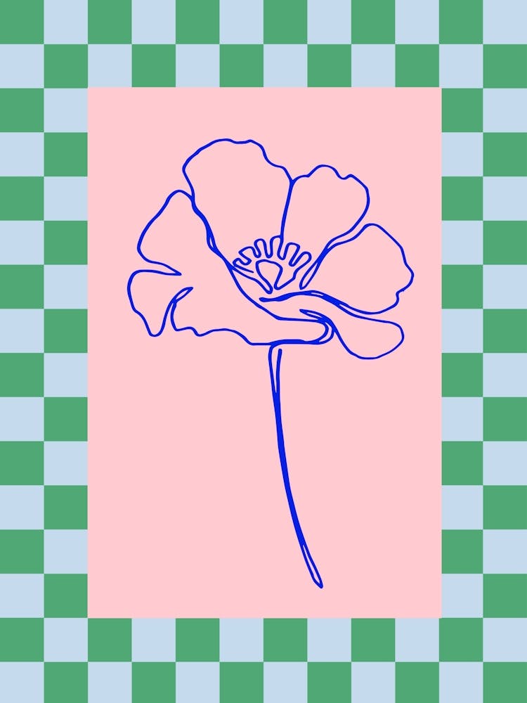 Modern Checkered Flower Poster Blue & Pink 3