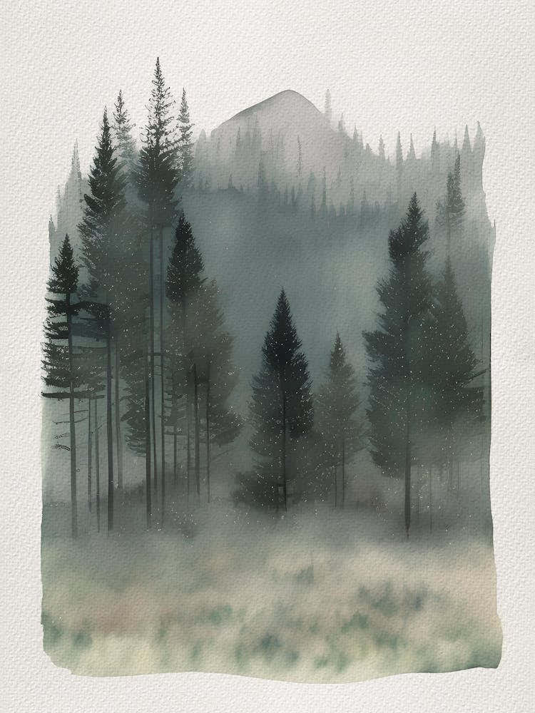 Foggy Forest, Watercolor Mountain