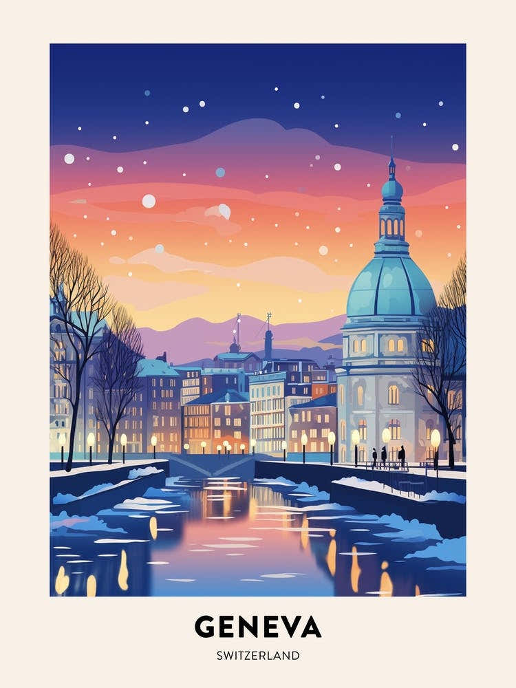 Winter Night  Travel Poster Geneva Switzerland 3