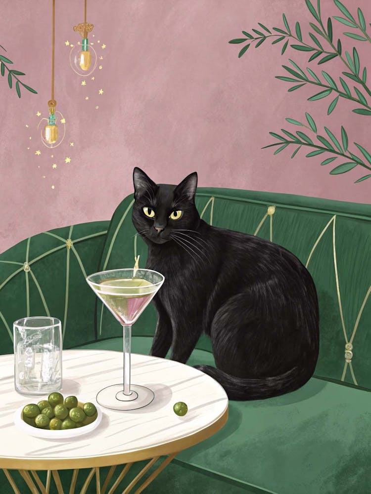Black Cat With Dirty Martini Cocktail Print Vintage Aesthetic Painting Living Room Decor Canvas Print