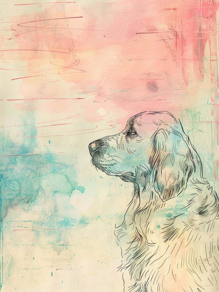 Golden Retriever Pastel Watercolour Line Illustration