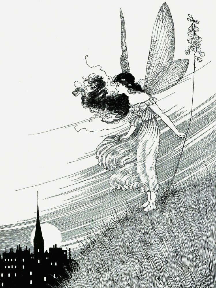 The Mortals Country Fairy Land - Ida Rentoul Outhwaite 1919 - 'The Mortals Country' Original Remastered Drawing for the Book 'Elves and Fairies' Vintage Fairycore Butterfly Fairy Witchy Cottagecore Fairytale