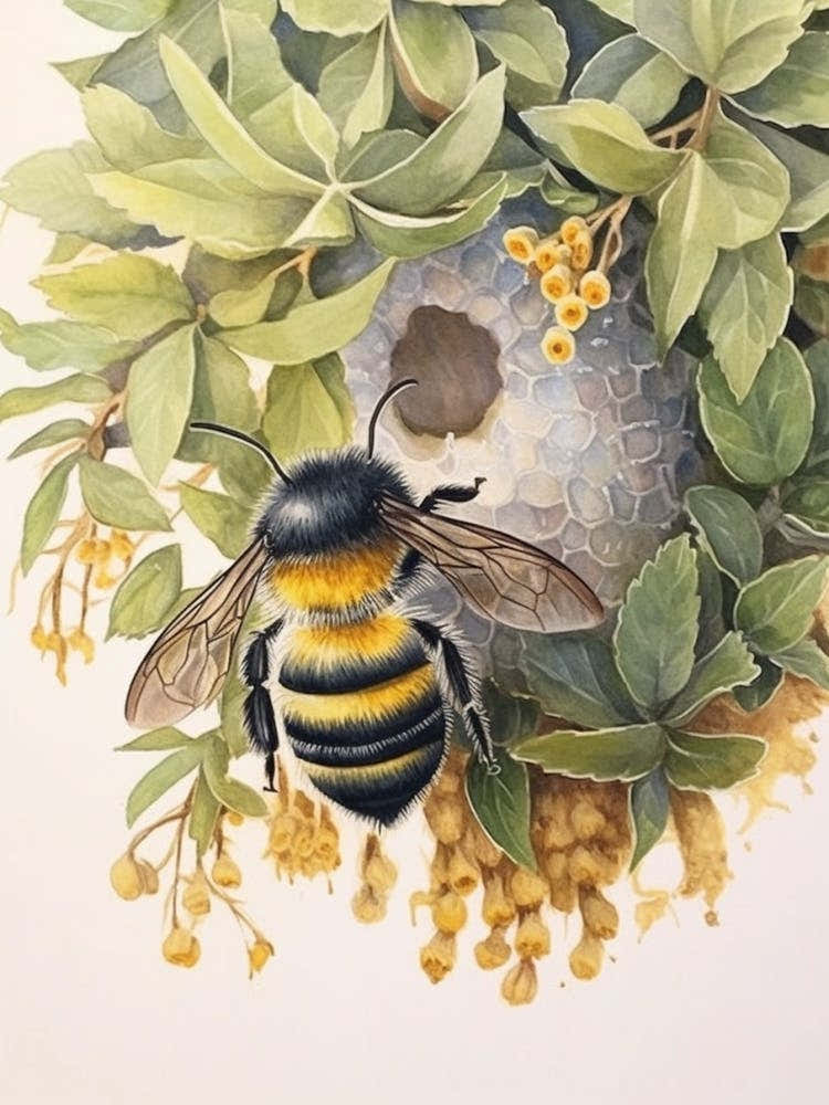 Black Tailed Bumble Bee Beehive Watercolour Illustration  4