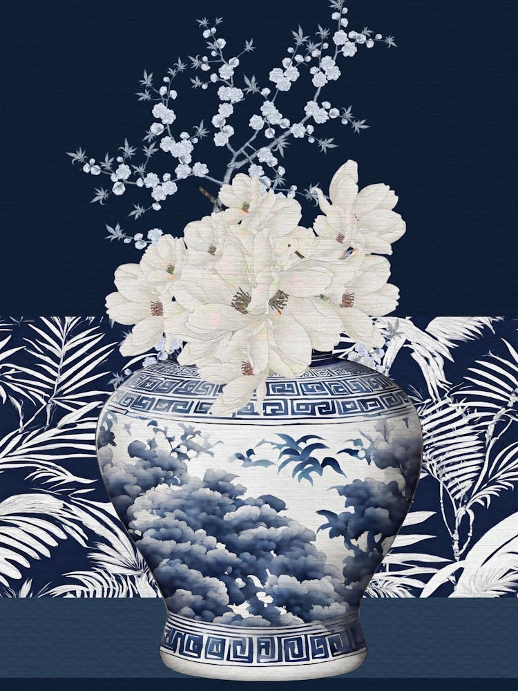 Navy blue and white Chinoiserie Flowers in Vase