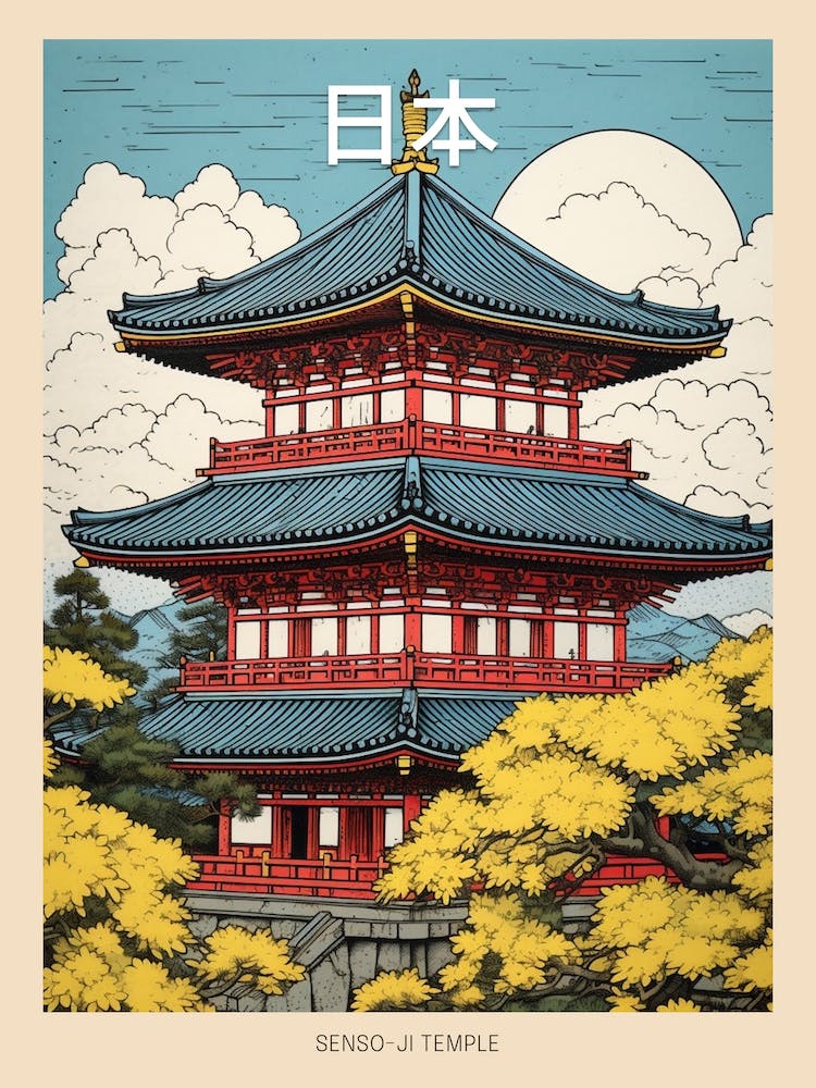 Senso Ji Temple, Japan Vintage Travel Art 3 Poster