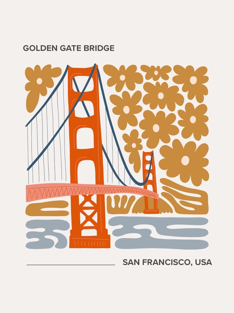 Golden Gate Bridge   San Francisco, California, Warm Colours Illustration Travel Poster 2
