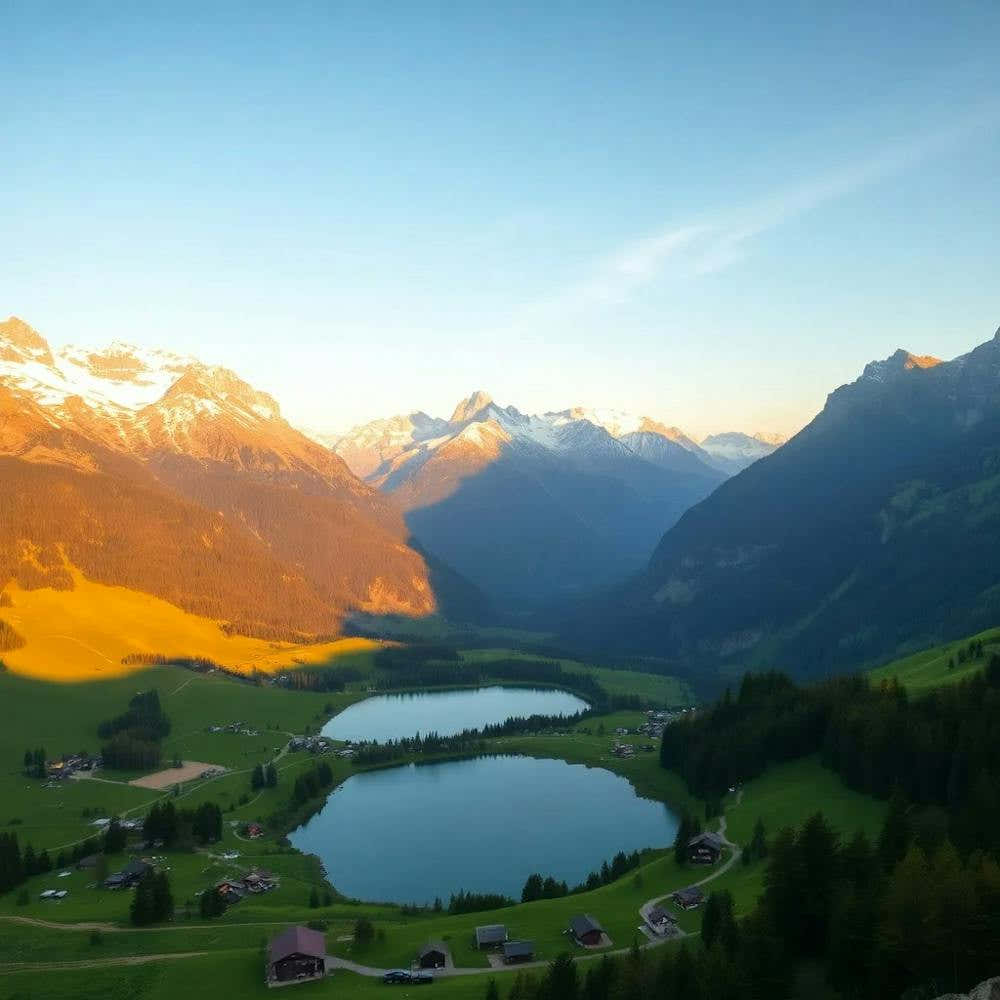 Swiss Alps In Sunrise With Mountain And Lake