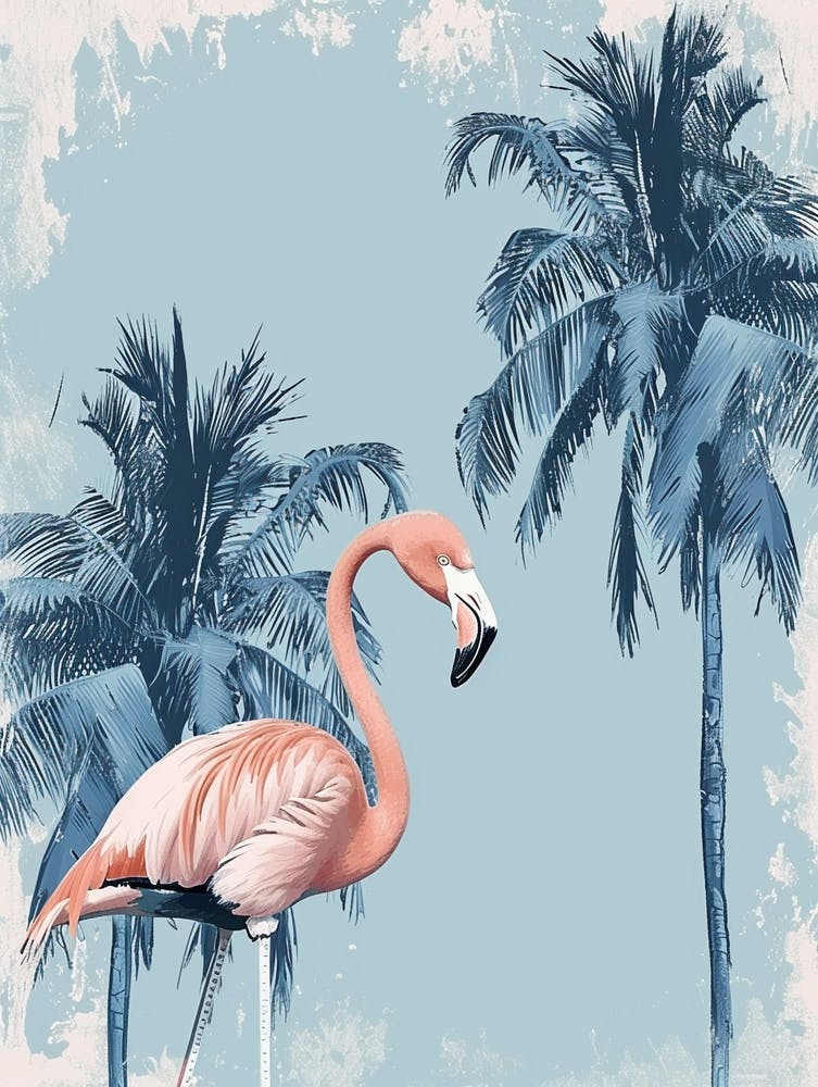 American Flamingo And Palm Trees Minimalist Illustration 2