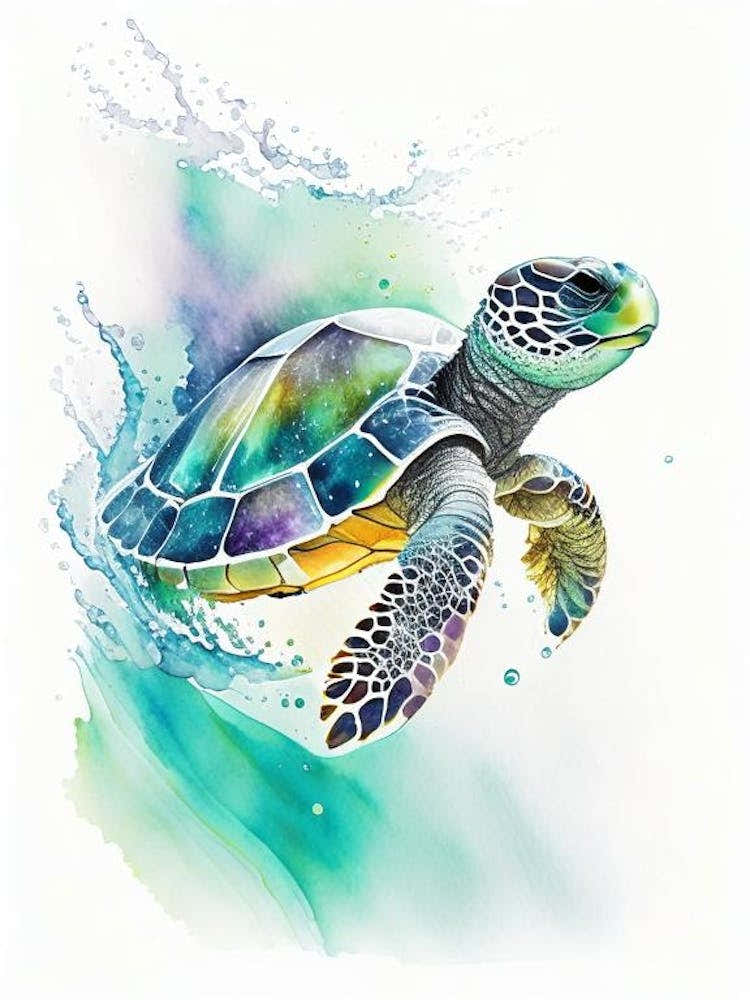 Sea Turtle In Motion, Sea Turtle Watercolour